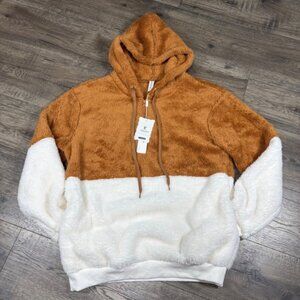 Longyuan Women Large Brown White Colorblock Sherpa Fleece Quarter Zip Hoodie NWT